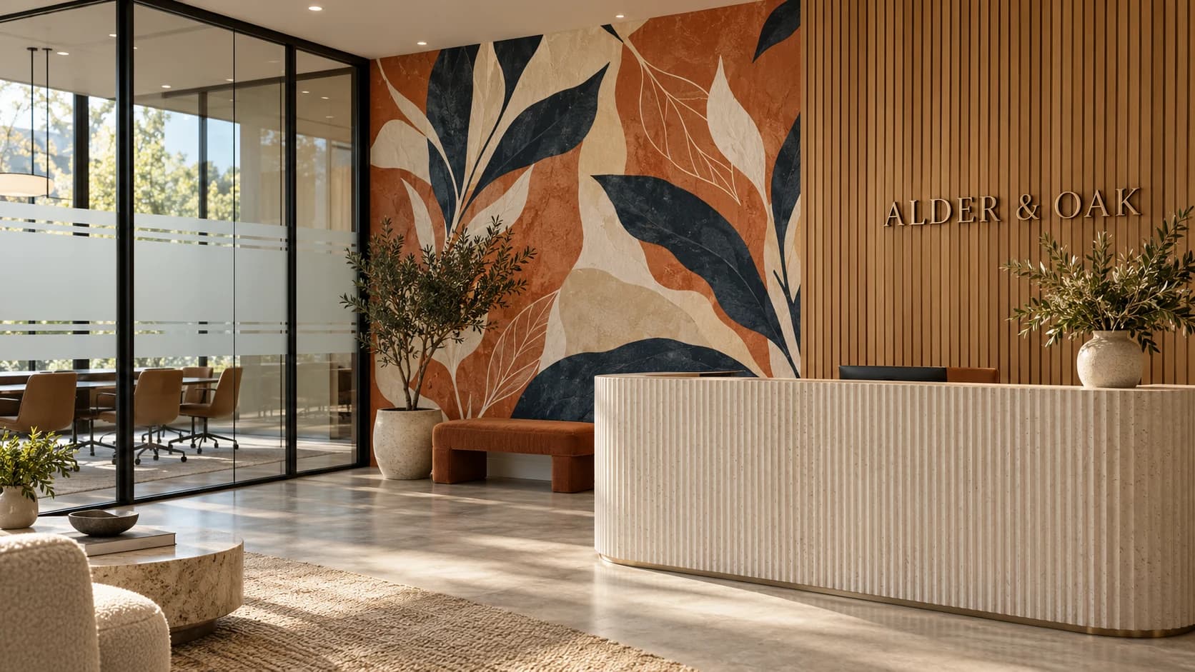 Concept reception with window graphics, botanical wall mural and dimensional lettering