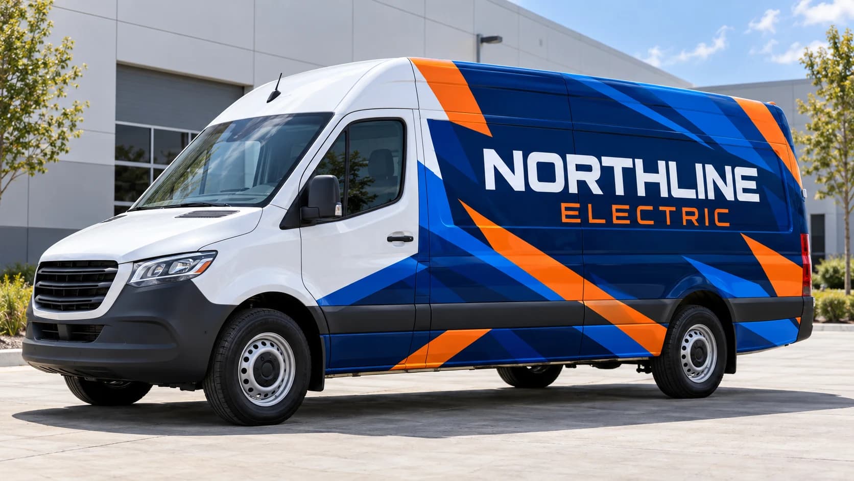 After: Northline Electric fictional vehicle wrap in navy, blue and orange